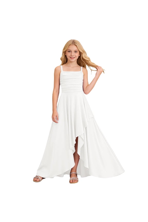 Spaghetti Strap Junior Bridesmaid Dresses Silk Satin Flower Girl Dress for Teen Girls Special Fistival Occasions,Color:White,Size:13-14 Years