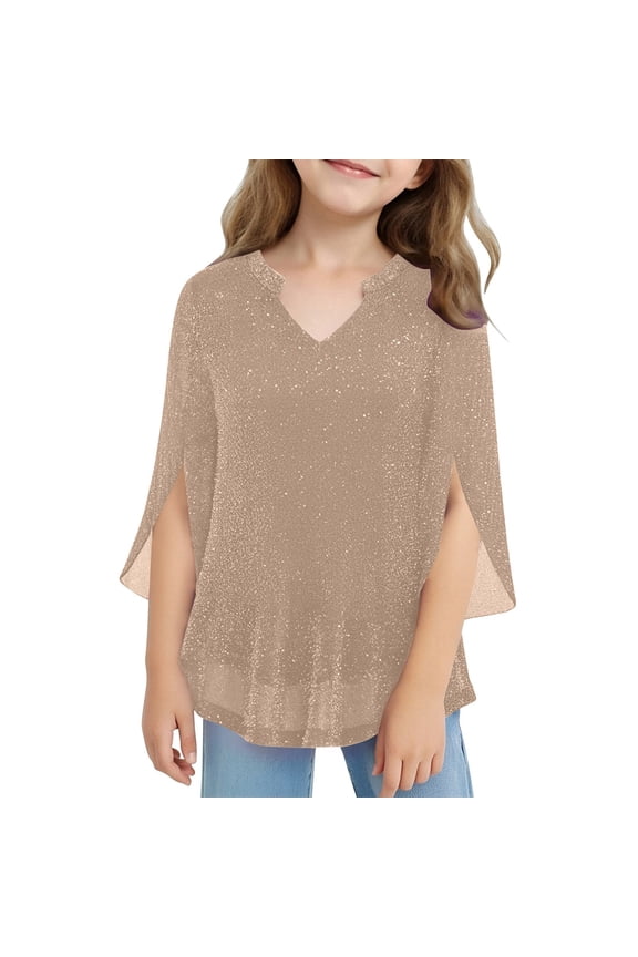 Sparkling Girls Top with Threads and Mesh Layered Design Summer Long Sleeve Shirt Soft Comfortable Casual Blouse for Teen Girls,Color:Khaki