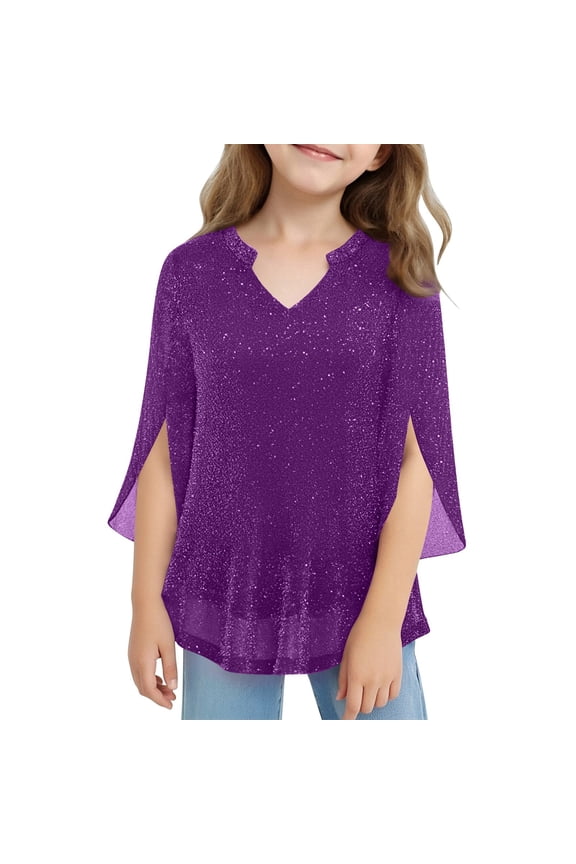 Sparkling Girls Top with Threads and Mesh Layered Design Summer Long Sleeve Shirt Soft Comfortable Casual Blouse for Teen Girls,Color:Purple