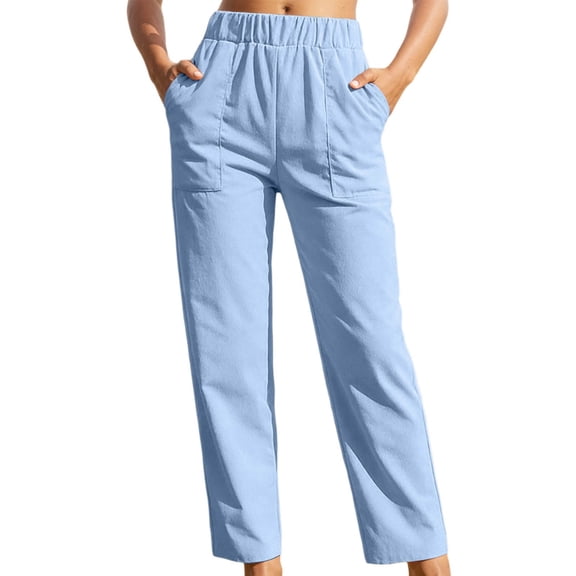Ticikt Straight Leg Corduroy Pants for Women Elastic High Wasited Stretchy Business Casual Work Pants Spring Fall Winter Trousers,Color:Sky Blue,Size:M