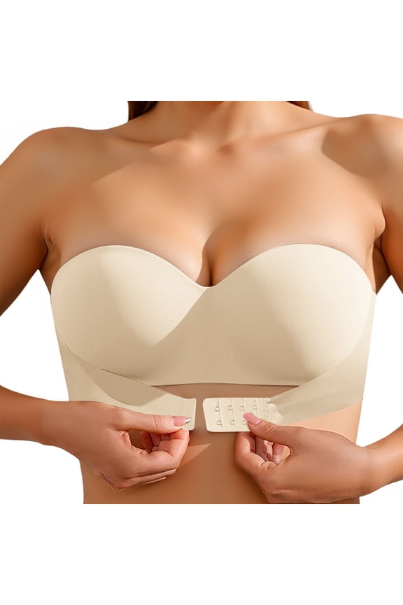 Strapless Bra Push Up Bandeau Bras for Women Front Hook Tube Top Bra Non- Seamless Padded Comfort Wireless Bottom Hem Bras(Color:Z2 Light Yellow,Size:L)