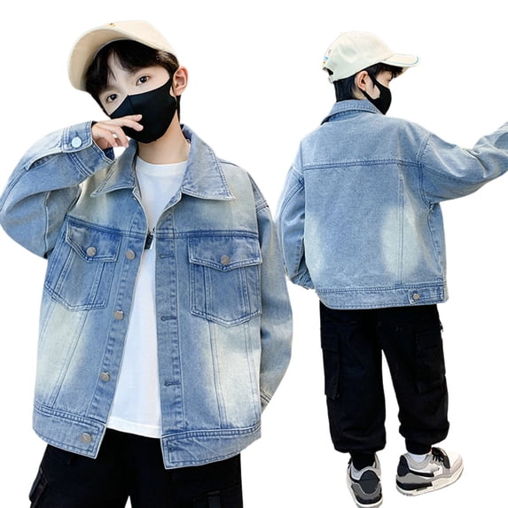 Ticikt Stylish Denim Jacket for Boys Classic Autumn Outerwear Casual Coat for Kids Teenagers 5-15 Years,Color:Blue