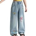 thumbnail image 1 of Ticikt Stylish Girls Casual Pants Straight Leg Wide Leg Denim Jeans for Everyday Use Comfortable Elastic Waist Spring Summer Attire Girls Fashion,Color:Blue,Size:9-10 Years, 1 of 9