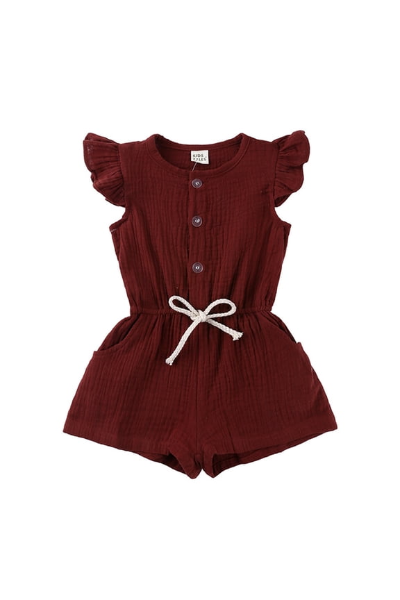 Summer 1 Piece Outfit Baby Girls Button Up Cotton Linen Romper Jumpsuit Fly Sleeve Solid Playsuit Soft Skin-friendly,Color: