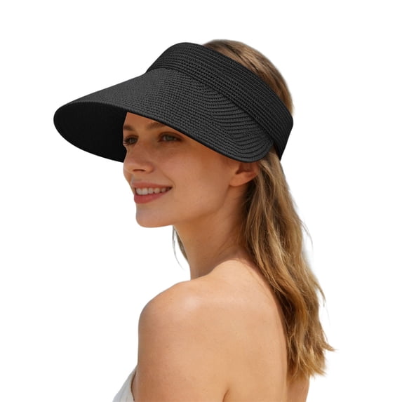 Ticikt Sun Hats for Women Wide Brim Roll-Up Beach Ponytail Hat Packable Foldable Travel Straw Visor,Color:Black
