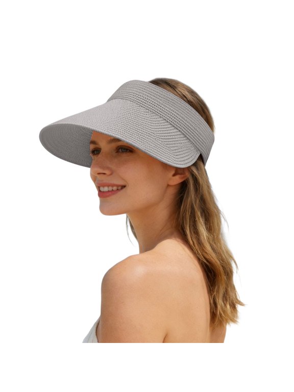 Sun Hats for Women Wide Brim Roll-Up Beach Ponytail Hat Packable Foldable Travel Straw Visor,Color:Grey