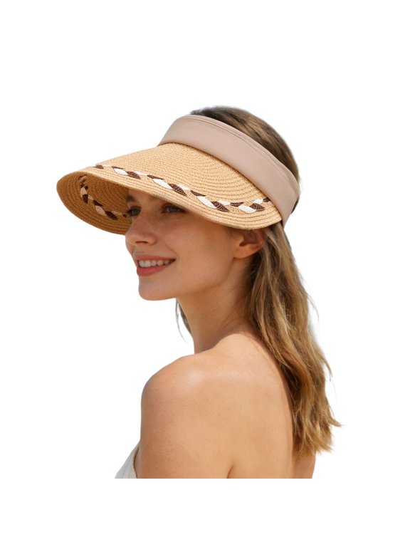 Sun Hats for Women Wide Brim Roll-Up Beach Ponytail Hat Packable Foldable Travel Straw Visor,Color:Khaki