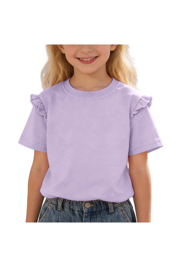 Toddler Baby Girls Short Sleeve Ruffle T Shirt Kids Casual Plain Solid Top Blouse T-Shirt Undershirt for All Season,Color:Purple