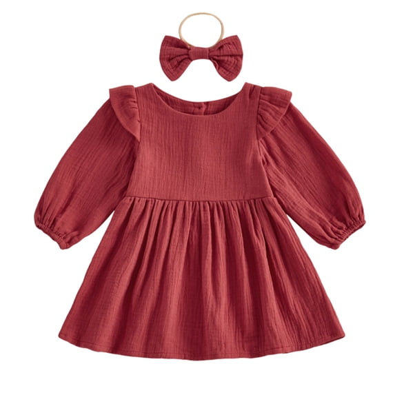 Ticikt Toddler Girl Cotton Linen Dress Long Sleeve Ruffle Fall Dress with Headband Kids Solid Dresses Casual Clothes,Color:,Size:3-6 Months