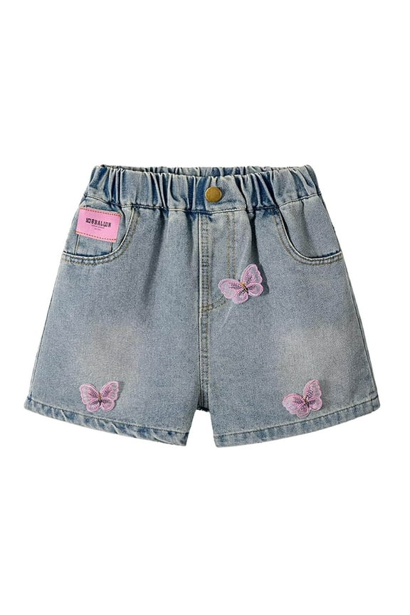 Toddler Girl's Cute Graphic Print Denim Shorts Elastic Waist Raw Hem Jean Shorts Playful Outfit for Toddler Kids Spring Summer Fall Everyday Wear,Color:Blue,Size:6-7 Years