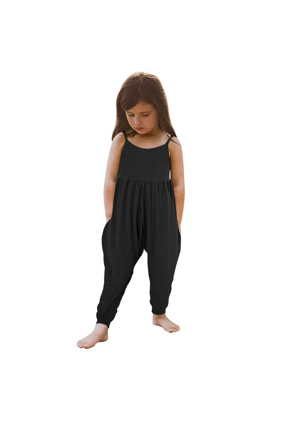 Ticikt Toddler Girls Baby Kids Solid Jumpsuit Strap Romper Summer Harem Pants Backless Playsuit Cotton Blend for Party Daily Wear,Color:Black