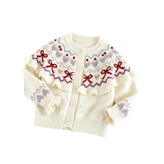 Ticikt Toddler Girls Fair Isle Heart Bow Knit Cardigan Sweater Ruffle Button Front Long Sleeve Soft Warm Holiday Fall Top,White