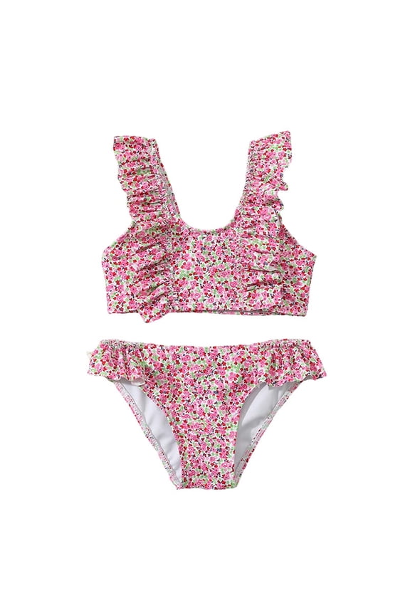 Toddler Girls Swimsuit Set Ruffle Trim Bikini with Pastel Floral Pattern | UPF 50+ Sun Protction Swimwear,Color:Pink,5-6 Years