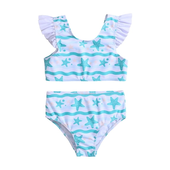 Ticikt Toddler Summer Girls Cartoon Flower Printed Ruffles Two Piece Swimwear Swimsuit Bikini,Color:White,Size:12-18 Months