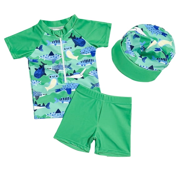 Ticikt Toddler Swimsuit Boy 3 Piece Boys Swim Set Short Sleeve Boys Swim Shirt Boy Swim Trunks Rash Guard Bathing Suits,Color:Green,2-3 Years