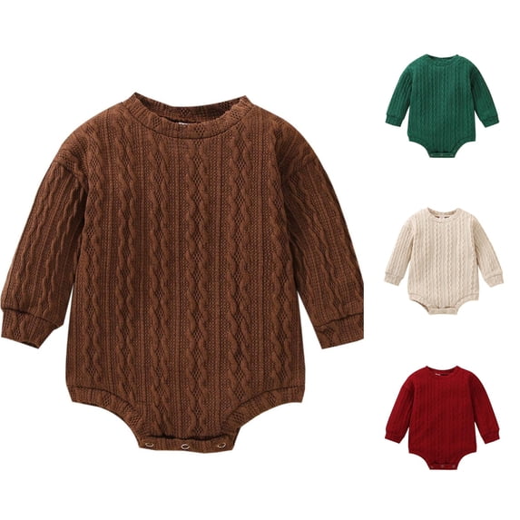 Ticikt Unisex Baby Cable Knit Romper, Crew Neck Long‑Sleeve Sweater Bodysuit, Solid Color Snap‑Crotch Knit Play Jumpsuit for Infant Boys & Girls,Brown