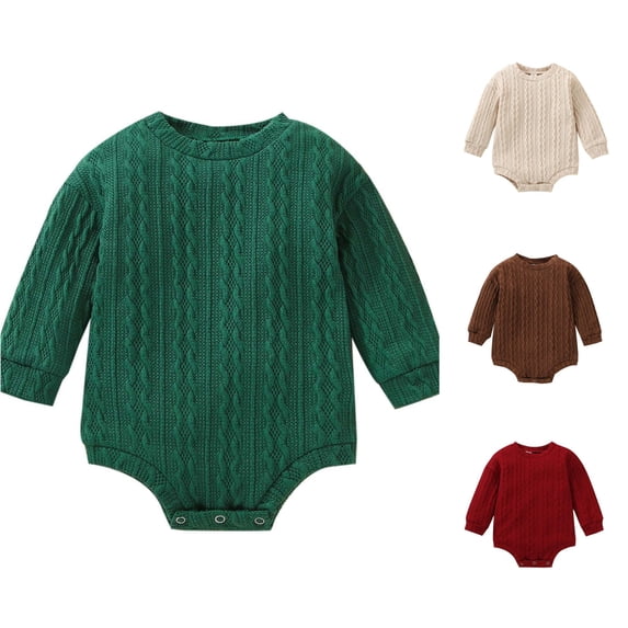 Ticikt Unisex Baby Cable Knit Romper, Crew Neck Long‑Sleeve Sweater Bodysuit, Solid Color Snap‑Crotch Knit Play Jumpsuit for Infant Boys & Girls,Green