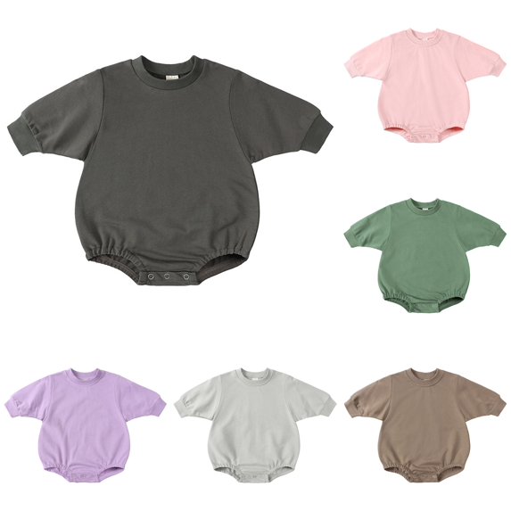 Ticikt Unisex Baby Solid Color Sweatshirt Romper, Loose Long‑Sleeve Crew Neck Onesie, Casual Snap‑Crotch Bubble Bodysuit for Infant Boys & Girls,Grey