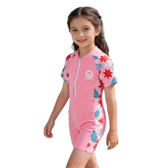 Ticikt Unisex Children's Training Swimsuit, Zip-Front Short Leg Rash Guard for Little Kids,Pink,4-5 Years
