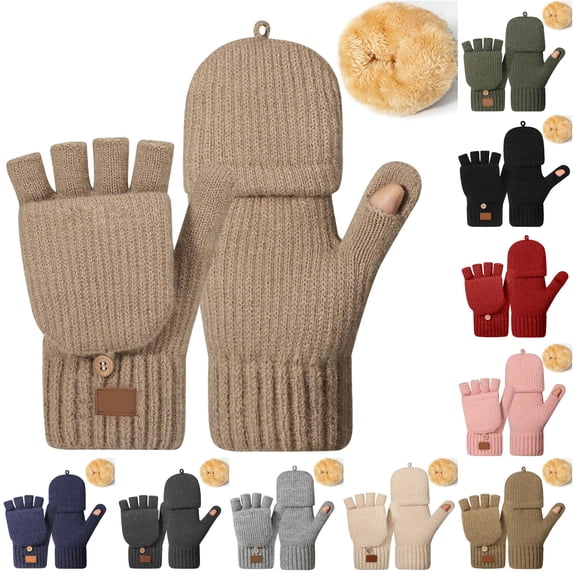 Ticikt Unisex Convertible Knit Gloves, Thick Fleece‑Lined Cold‑Weather Half Finger Writing Flip Top Winter Gloves,Khaki