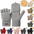 thumbnail image 1 of Ticikt Unisex Convertible Knit Gloves, Thick Fleece‑Lined Cold‑Weather Half Finger Writing Flip Top Winter Gloves,Light Gray, 1 of 9
