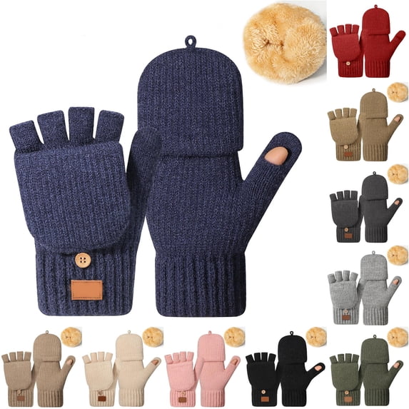 Ticikt Unisex Convertible Knit Gloves, Thick Fleece‑Lined Cold‑Weather Half Finger Writing Flip Top Winter Gloves,Navy