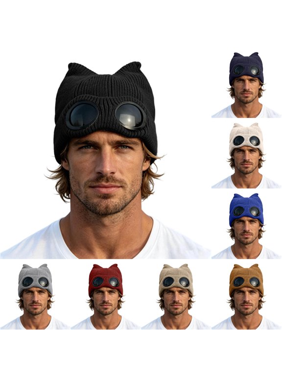 Ticikt Unisex Knit Beanie Hat, Winter Warm Ribbed Knitted Hat with Built‑in Sunglasses Goggles Ear Shape Design Cold Weather Skull Cap for Men Women,Black