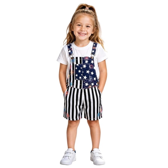 Ticikt Unisex Printed Overalls Short Romper, Festival Jumpsuits 4th of July Kids Overalls,Color:Navy,Size:6-7 Years