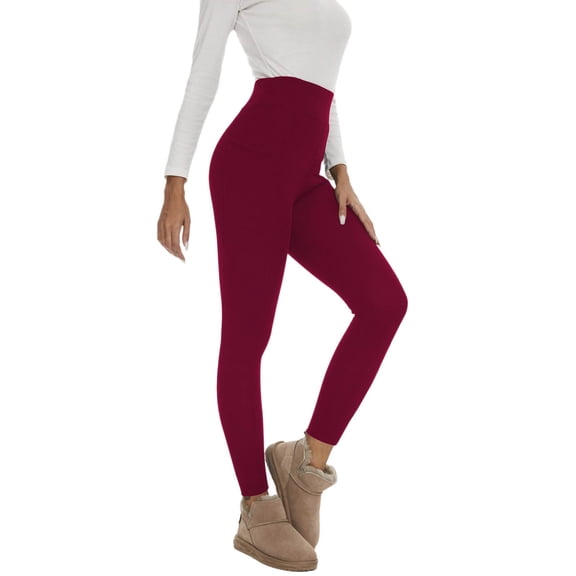 Ticikt Warm Fleece Lined Leggings Women with Pockets- Thermal Winter High Waisted Yoga Pants Tummy Control Soft for Workout,Color:Red,XXL