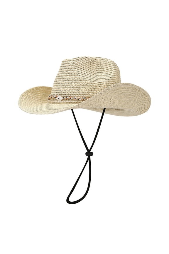 Western Cowboy Hat Wide Brim Shapeable Panama Straw Hat Summer Beach Sun Hat Outdoor Travel Cap with Chin Strap,Color:Beige