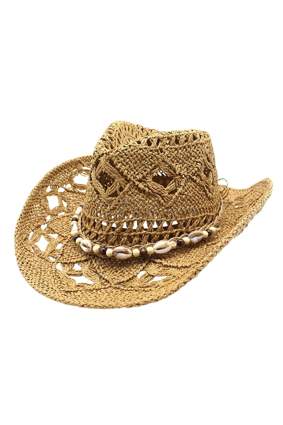 Western Cowboy Hat Wide Brim Shapeable Panama Straw Hat Summer Beach Sun Hat Outdoor Travel Cap with Chin Strap,Color:Khaki