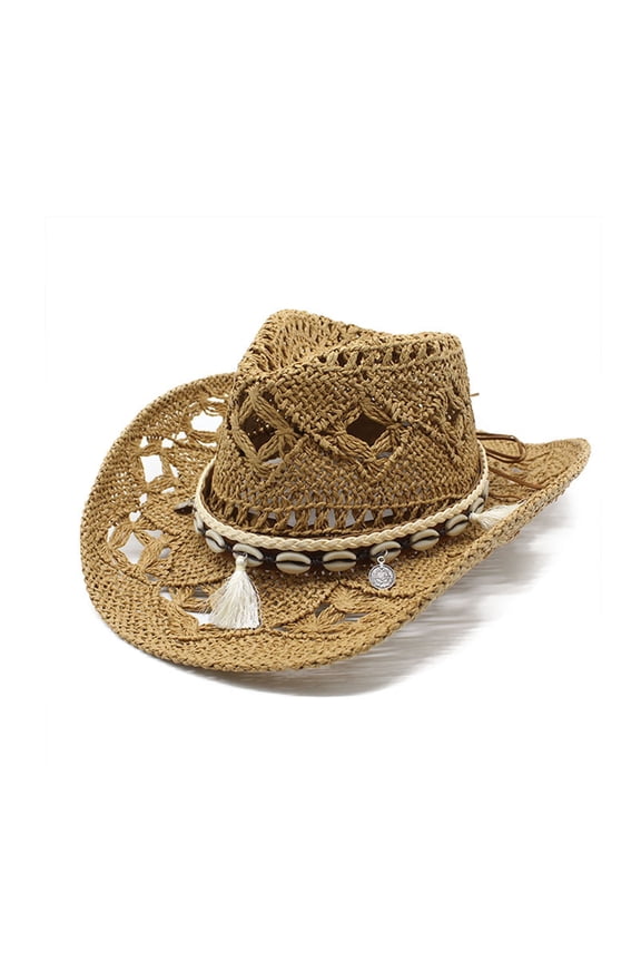 Western Cowboy Hat Wide Brim Shapeable Panama Straw Hat Summer Beach Sun Hat Outdoor Travel Cap with Chin Strap,Color:Khaki