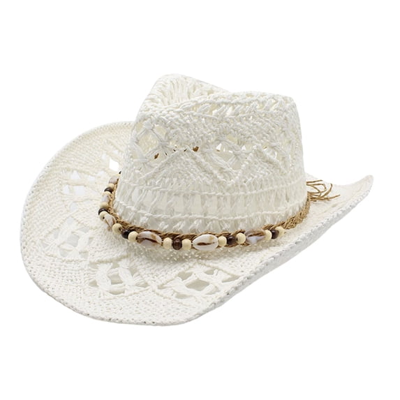 Ticikt Western Cowboy Hat Wide Brim Shapeable Panama Straw Hat Summer Beach Sun Hat Outdoor Travel Cap with Chin Strap,Color:White