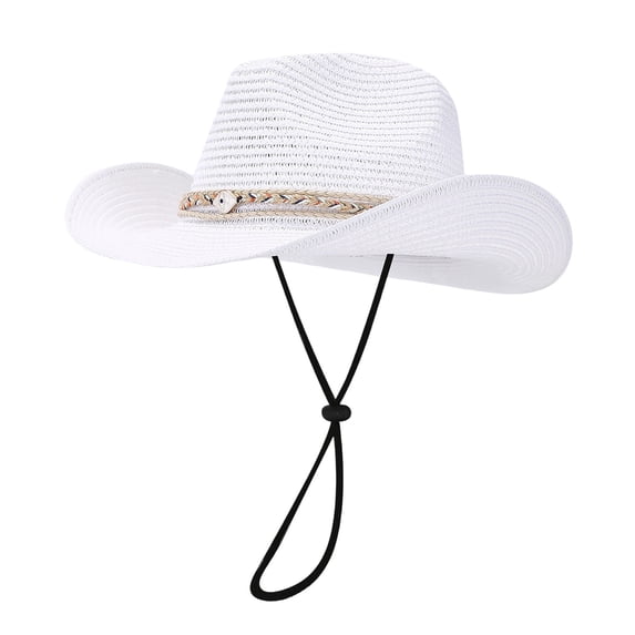 Ticikt Western Cowboy Hat Wide Brim Shapeable Panama Straw Hat Summer Beach Sun Hat Outdoor Travel Cap with Chin Strap,Color:White
