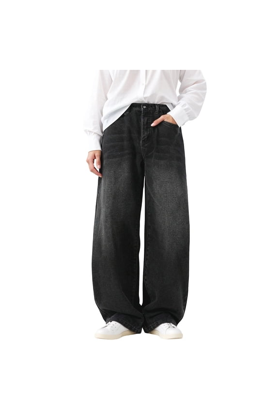 Women Baggy Jeans Mid-Low Waist Boyfriend Streetwear Vintage Jeans Wide Leg Denim Pants,Color:Black,Size:XL