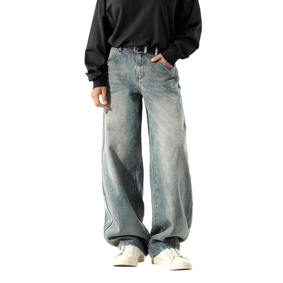 Ticikt Women Baggy Jeans Mid-Low Waist Boyfriend Streetwear Vintage Jeans Wide Leg Denim Pants,Color:Light Blue,Size:M