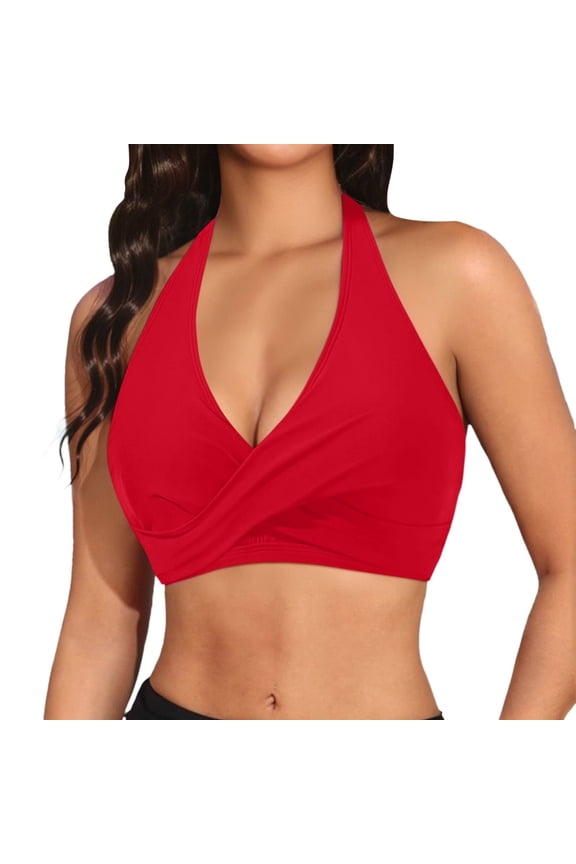 Women Bikini Top Push Up Bathing Suit Top V Neck Full Coverage Swimsuit Top,Color:Red,L