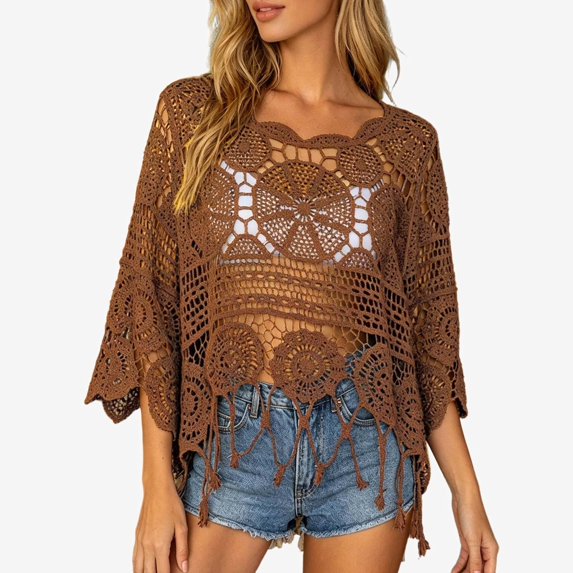 Ticikt Women Boho Hippie T-Shirt Tunic Tops Crochet Blouse Shirt Hollow Out Beach Swimsuit Cover Up,Brown,One Size