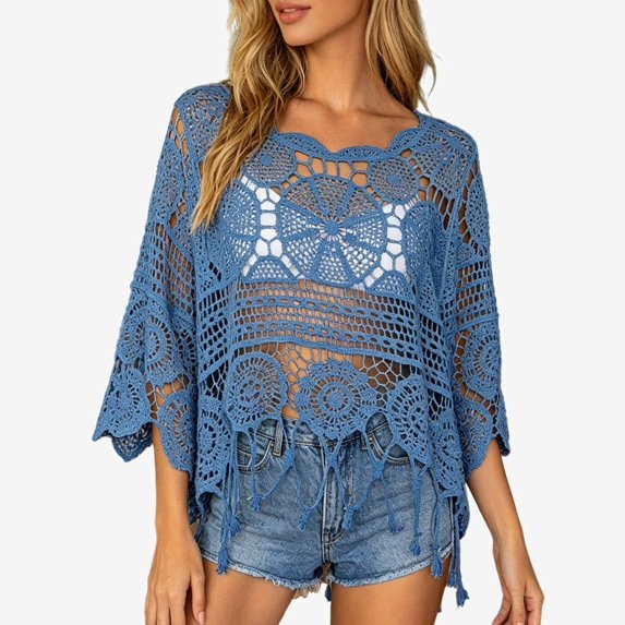 Ticikt Women Boho Hippie T-Shirt Tunic Tops Crochet Blouse Shirt Hollow Out Beach Swimsuit Cover Up,Navy,One Size