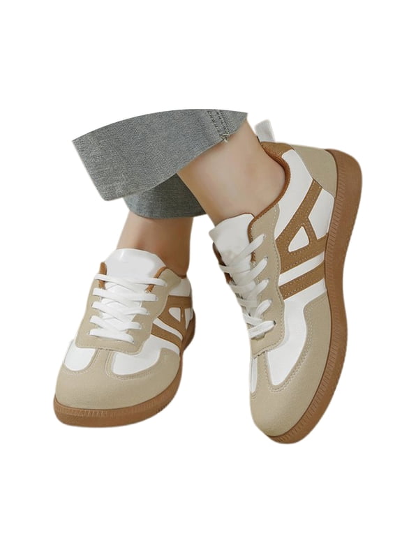 Women Color Block Platform Sneakers, Lace Up Low Top Gum Sole Casual Walking Trainers Lightweight Plus Size Fashion Daily Sports Board Shoes,Khaki