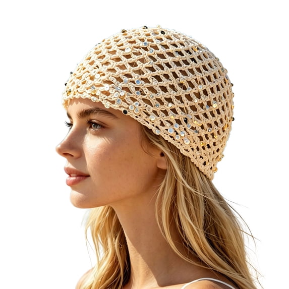Ticikt Women Crochet Skull Cap, Handmade Hollow Fishnet Sequin Solid Cotton Hair Wrap Fashion Styling Beanie,Beige