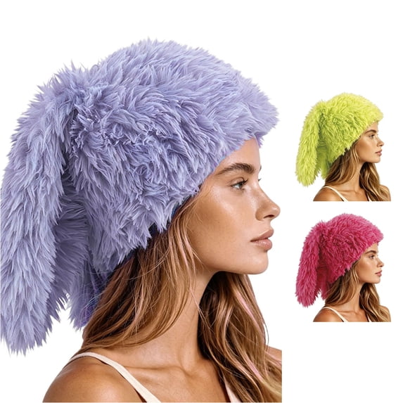 Ticikt Women Cute Droopy Bunny Ear Fuzzy Plush Hat, Cute Fluffy Warm Winter Fashion Beanie Hat for Ladies,Purple