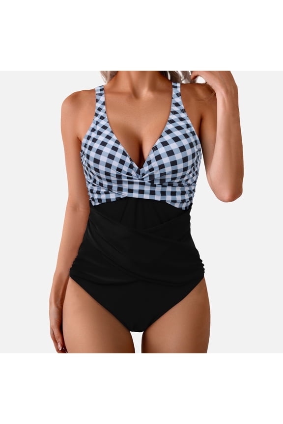 Ticikt Women Deep V One Piece Swimsuit, Color Block Waist Ruched Drawstring Slim Fit Bathing Suit,Black,XXL