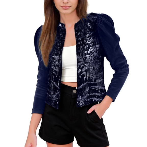 Ticikt Women Fashion Sequin Jacket Open Front Puff Long Sleeve Short Blazer Casual Coat