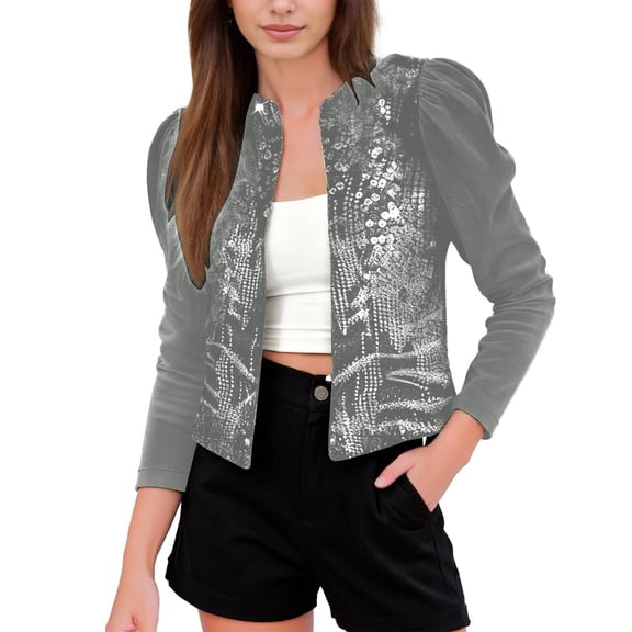 Ticikt Women Fashion Sequin Jacket Open Front Puff Long Sleeve Short Blazer Casual Coat