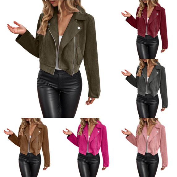Ticikt Women Fitted Cropped Suede Moto Jacket Lapel Zip Up Casual Fall Winter Biker Outerwear Coat,Army Green