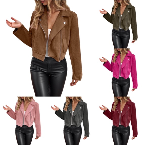 Ticikt Women Fitted Cropped Suede Moto Jacket Lapel Zip Up Casual Fall Winter Biker Outerwear Coat,Coffee
