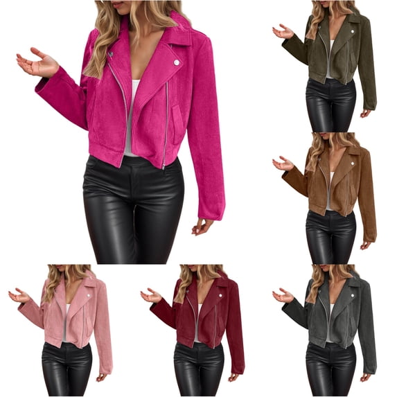 Ticikt Women Fitted Cropped Suede Moto Jacket Lapel Zip Up Casual Fall Winter Biker Outerwear Coat,Hot Pink