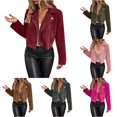 thumbnail image 1 of Ticikt Women Fitted Cropped Suede Moto Jacket Lapel Zip Up Casual Fall Winter Biker Outerwear Coat,Wine, 1 of 6