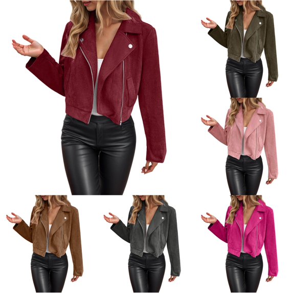 Ticikt Women Fitted Cropped Suede Moto Jacket Lapel Zip Up Casual Fall Winter Biker Outerwear Coat,Wine
